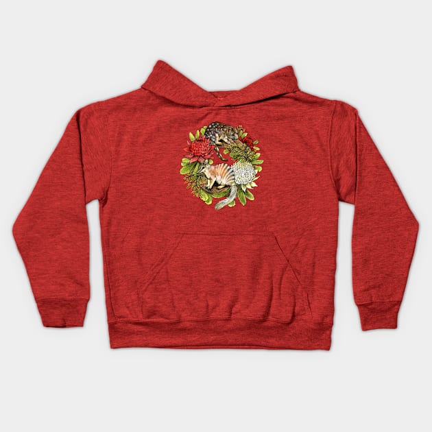 Quoll and Numbat Australian Christmas Wreath Kids Hoodie by Pip Tacla